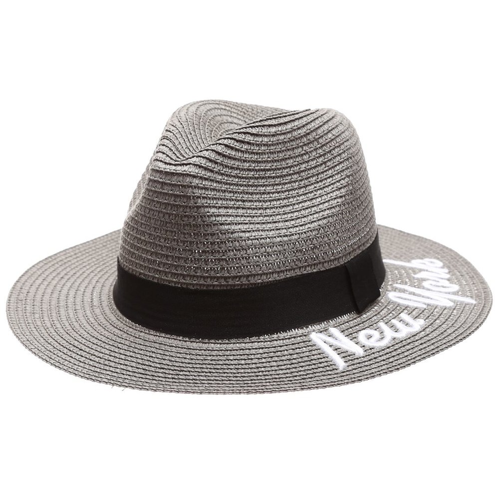 NewYork Embroidered Summer Straw Beach Hat -Gray